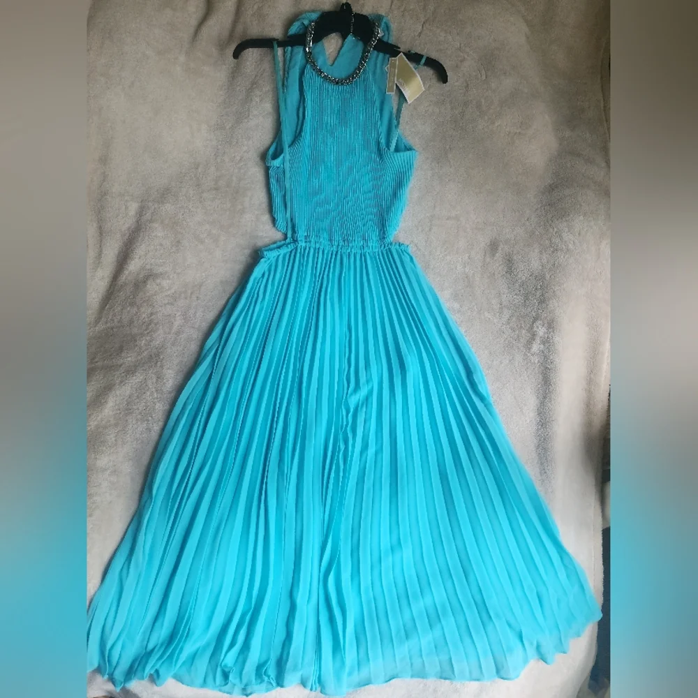 Michael Kors Halter Neck Pleated Cut-out Midi Dress turquoise Sz M & L…